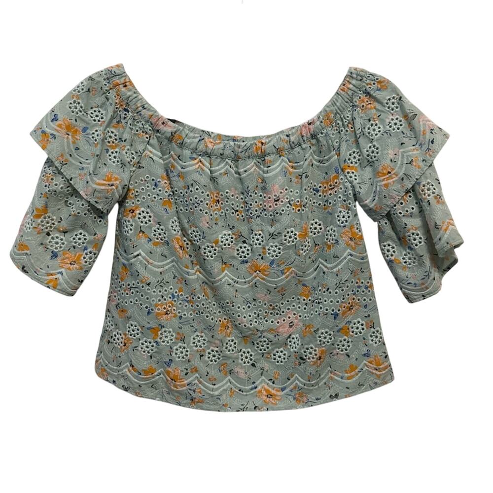 Laia Puff Sleeve Ruffled Blouse Womens XS Blue Green